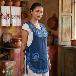 Blue Mexican Embroidered Smock Apron – Floral Traditional Design